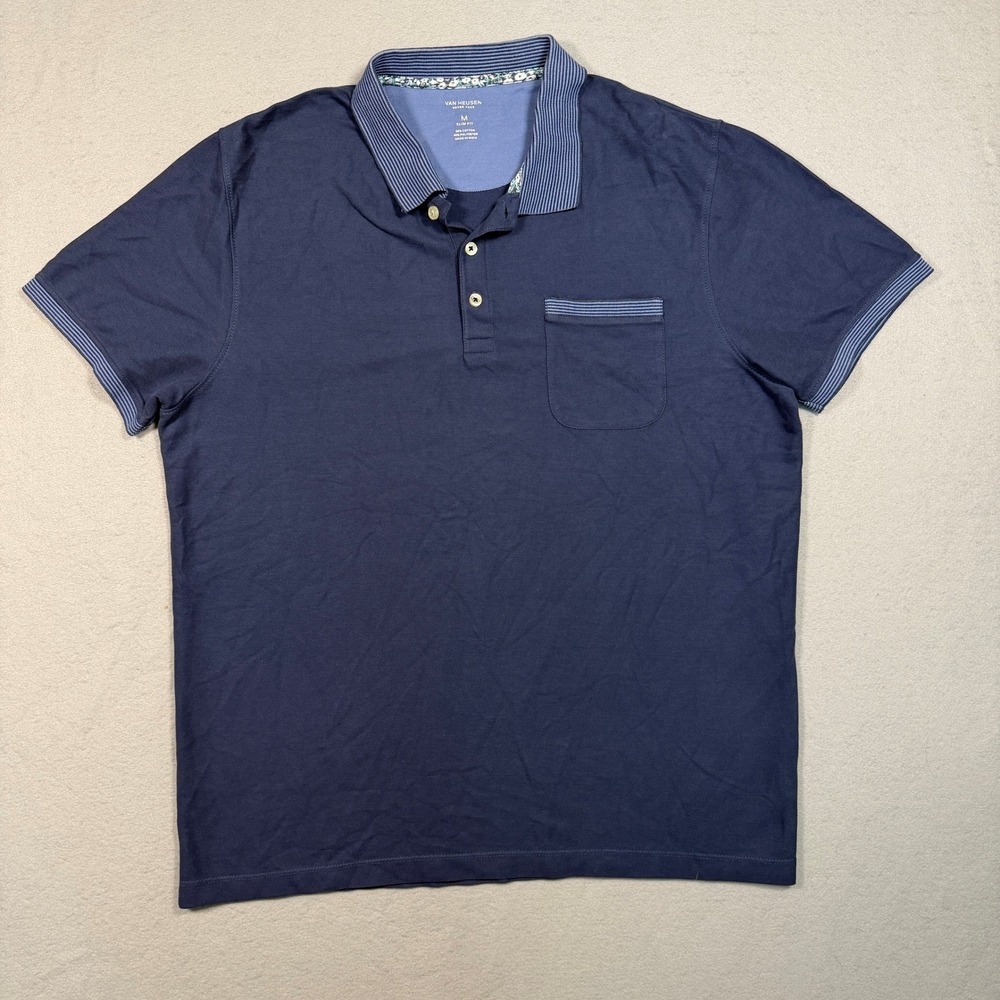 Van Heusen Mens Never Tuck Slim Fit Polo Shirt M Navy Blue Striped Trim Pique